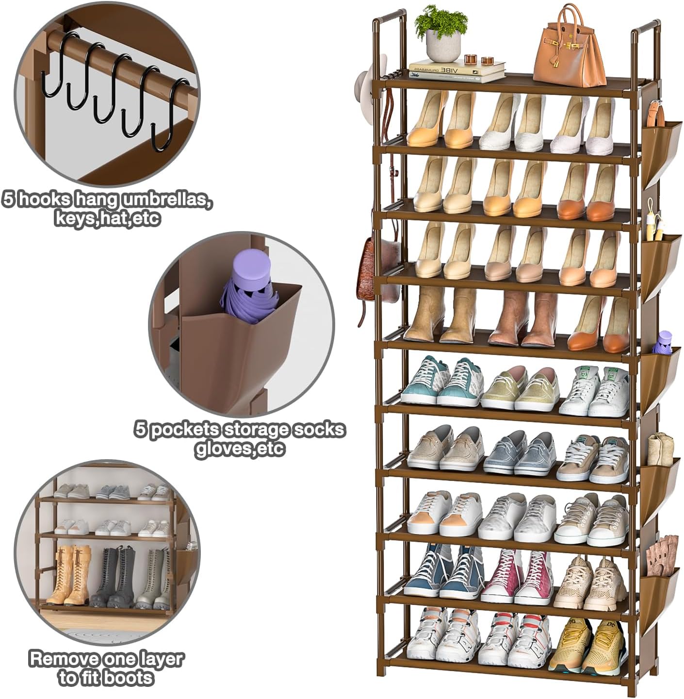 LUKYTOWER Tall Shoe Rack - 10 Tier Organizer for Closet, 30-35 Pairs, Large Capacity with 5 Hooks and Side Pocket, Sturdy Shoe Shelf, Vertical Shoe Stand Tower