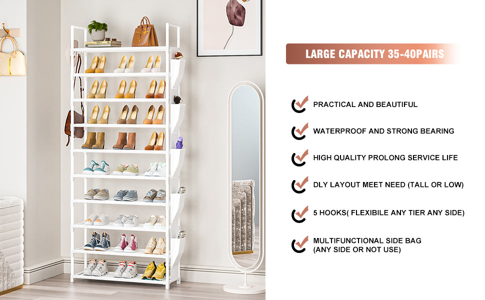 Tall Shoe Rack 10 Tier Shoe Racks Organizer for Closet 30-35Pairs,Large Capacity Storage Rack for Shoes with 5Hooks and Side Pocket,Sturdy Metal Shoe Shelf, Vertical Shoe Stand Tower