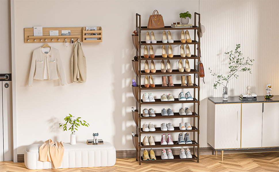 Tall Shoe Rack - 10 Tier Organizer for Closet, 30-35 Pairs, Large Capacity with 5 Hooks and Side Pocket, Sturdy Metal Shoe Shelf, Vertical Shoe Stand Tower