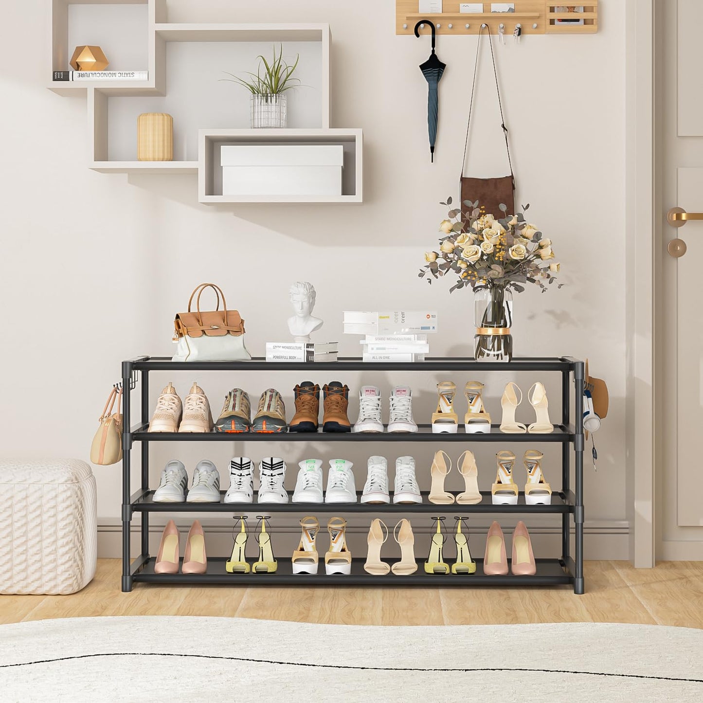 Long Shoe Rack 4 Tier Shoe Storage Organizer with 2 Hooks, Wide Stackable Shoe Organizer Racks for Closet Entryway,Shoe Shelf Stand Sturdy Durable Shoes Holder Save Space Up to 26Pairs