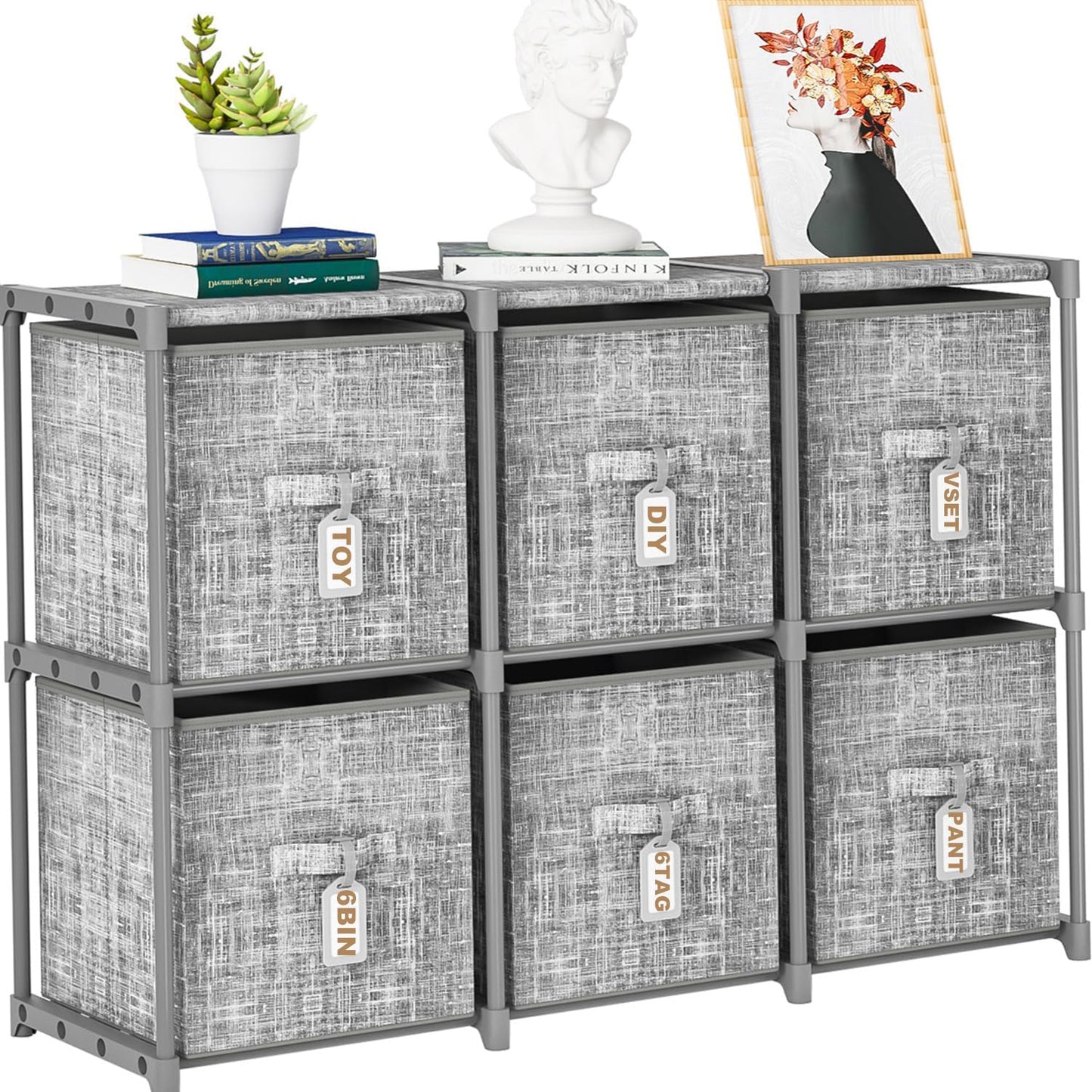 LUKYTOWER Cube Storage Organizer Shelf with 6 Printed Bins + Labels, Cubby Storage Organizer with Bins, Large Capacity Shelves for Storage,Closet, Living Room, Dorm, Yarn