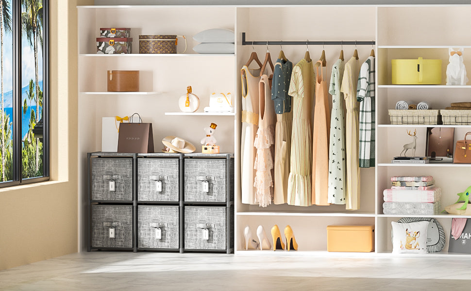 LUKYTOWER Cube Storage Organizer Shelf with 6 Printed Bins + Labels, Cubby Storage Organizer with Bins, Large Capacity Shelves for Storage,Closet, Living Room, Dorm, Yarn