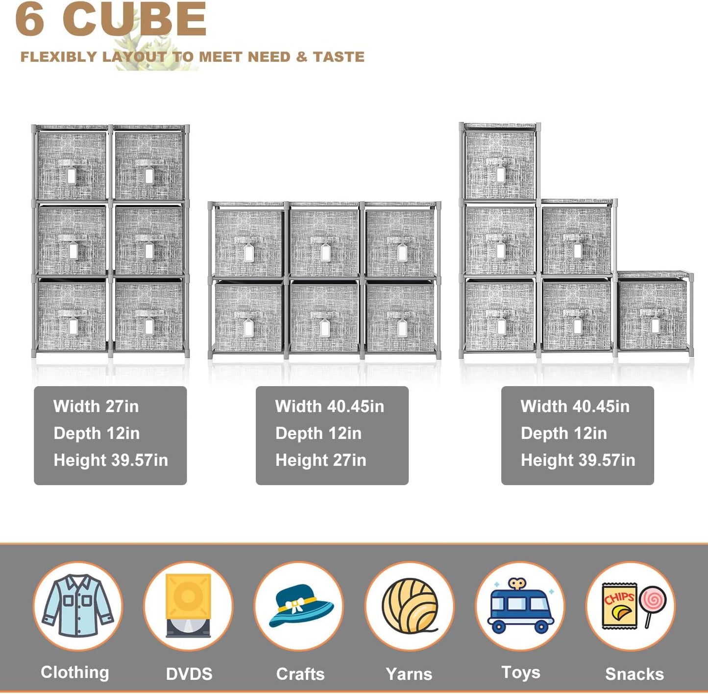 LUKYTOWER Cube Storage Organizer Shelf with 6 Printed Bins + Labels, Cubby Storage Organizer with Bins, Large Capacity Shelves for Storage,Closet, Living Room, Dorm, Yarn