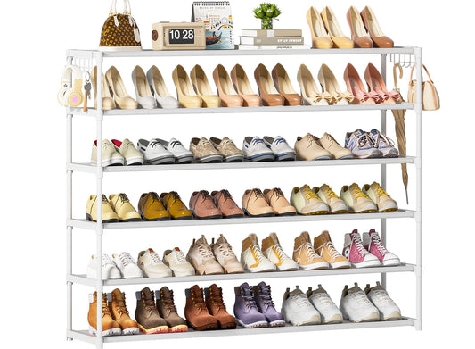 Extra Long Shoe Rack 6 Tier Shoe Storage Organizer with 2 Hooks, Wide Stackable Shoe Organizer Racks for Closet Entryway,Shoe Shelf Stand Sturdy Durable Shoes Holder Up to 39Pairs, White