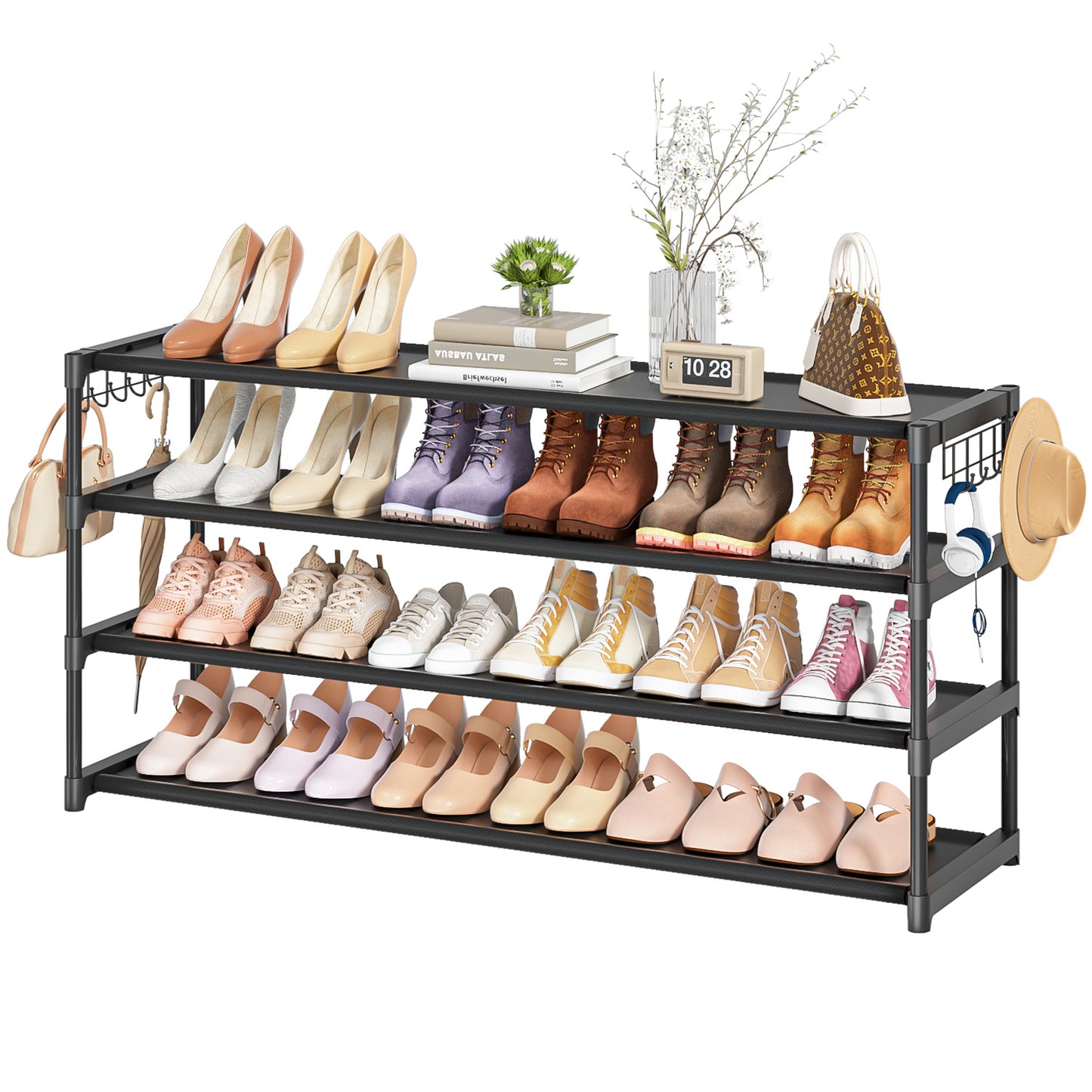 LUKYTOWER Long Shoe Rack 4 Tier Shoe Storage Organizer with 2 Hooks, Wide Shoe Organizer Racks for Closet Entryway,Shoe Shelf Stand Sturdy Durable Shoes Holder Save Space Up to 26Pairs