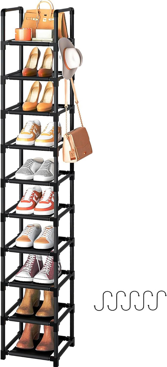 LUKYTOWER Tall Shoe Rack Narrow 10Tier Shoe Racks Organizer for Closet 10-15Pairs, Storage Rack for Shoes with 5Hooks, Sturdy Metal Shoe Shelf, Vertical Skinny Shoe Stand for Small Space