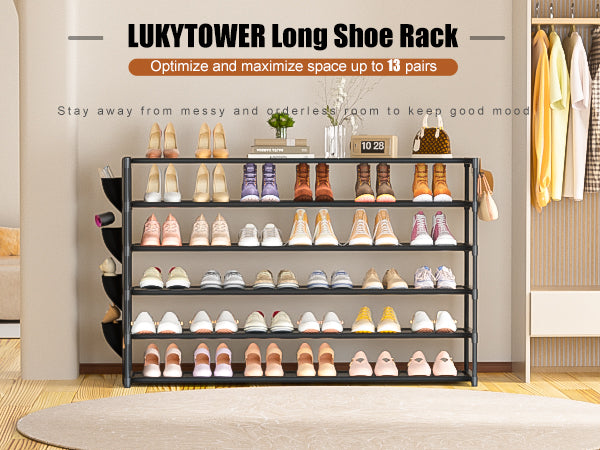 LUKYTOWER Long Shoe Rack 6 Tier Shoes Rack Organizer with Hook and Pocket, Stackable Shoe Storage Rack for Closet, Shoe Organizer Entryway Shoe Holder Shoe Shelf Stand Large Up to 42Pairs