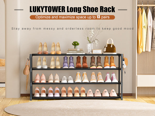 LUKYTOWER Long Shoe Rack 4 Tier Shoe Storage Organizer with 2 Hooks, Wide Shoe Organizer Racks for Closet Entryway,Shoe Shelf Stand Sturdy Durable Shoes Holder Save Space Up to 26Pairs