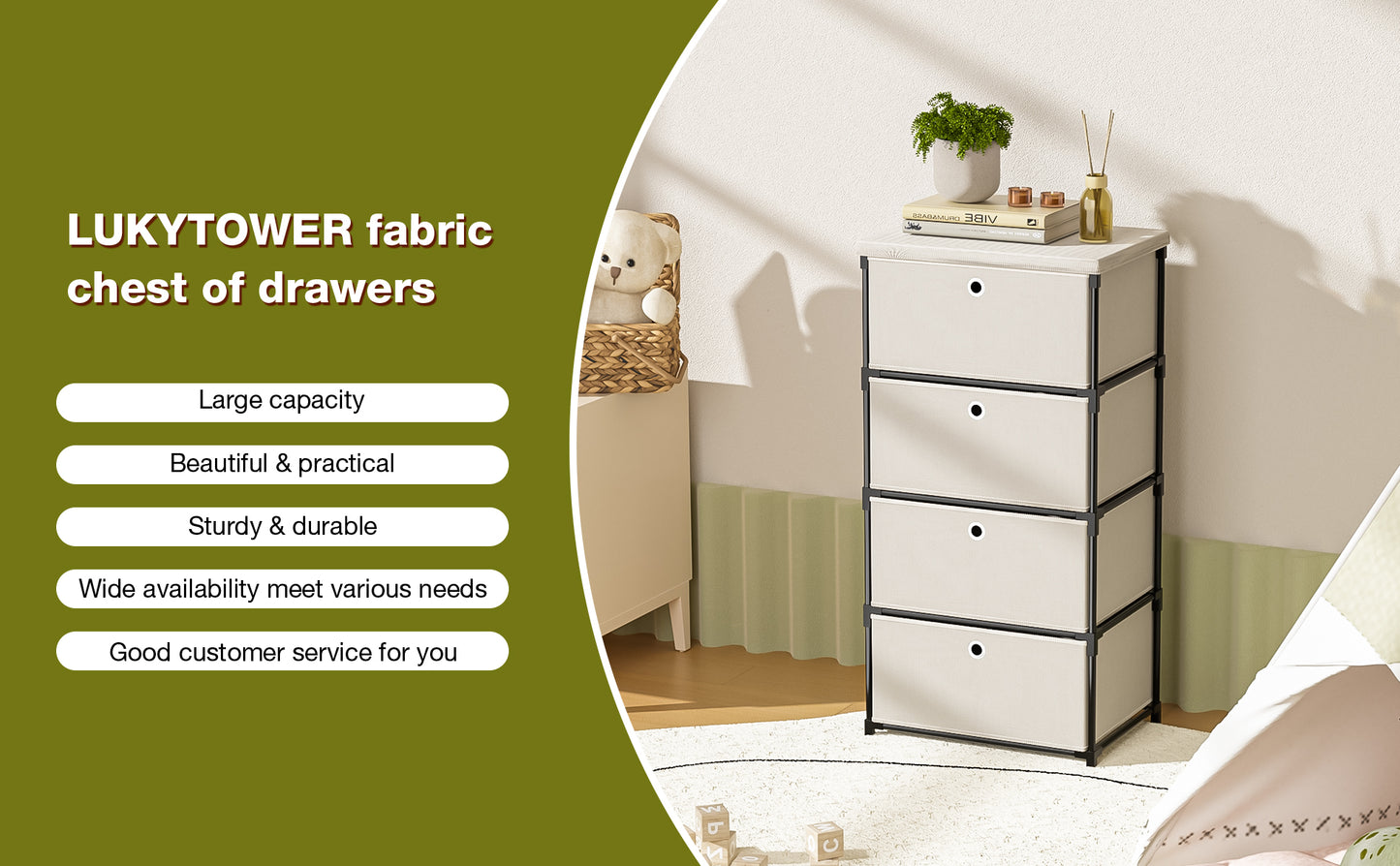 LUKYTOWER Fabric Storage Drawers Dresser and Chest of Drawers, Small Dresser with Drawers Unit, Sturdy 4 Drawer Dresser for Closet, Fabric Storage Bin Organizer