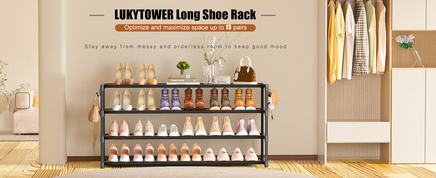 LUKYTOWER Long Shoe Rack 4 Tier Shoe Storage Organizer with 2 Hooks, Wide Shoe Organizer Racks for Closet Entryway,Shoe Shelf Stand Sturdy Durable Shoes Holder Save Space Up to 26Pairs