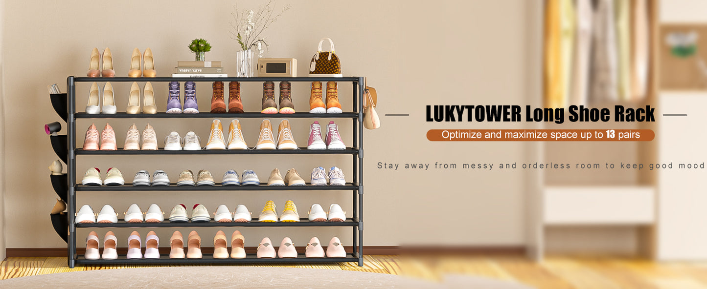 LUKYTOWER Long Shoe Rack 6 Tier Shoes Rack Organizer with Hook and Pocket, Stackable Shoe Storage Rack for Closet, Shoe Organizer Entryway Shoe Holder Shoe Shelf Stand Large Up to 42Pairs