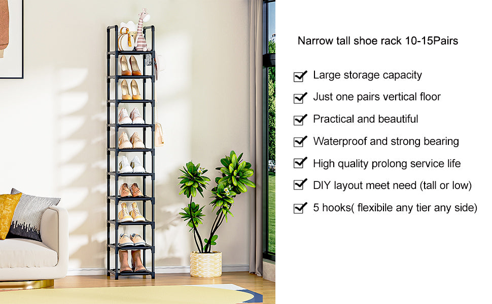 LUKYTOWER Tall Shoe Rack Narrow 10Tier Shoe Racks Organizer for Closet 10-15Pairs, Storage Rack for Shoes with 5Hooks, Sturdy Metal Shoe Shelf, Vertical Skinny Shoe Stand for Small Space