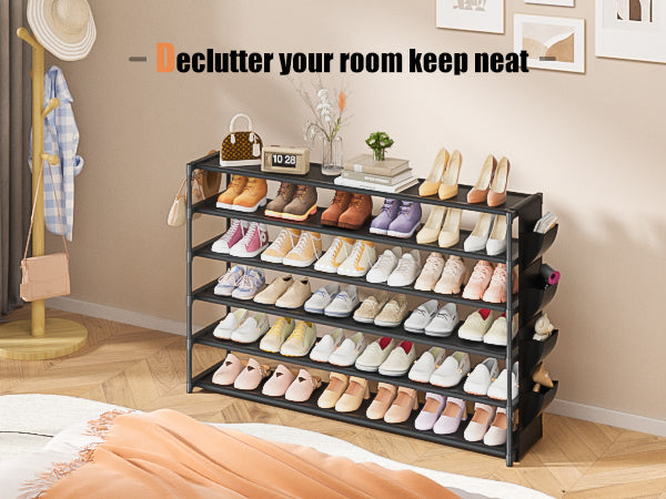 LUKYTOWER Long Shoe Rack 6 Tier Shoes Rack Organizer with Hook and Pocket, Stackable Shoe Storage Rack for Closet, Shoe Organizer Entryway Shoe Holder Shoe Shelf Stand Large Up to 42Pairs