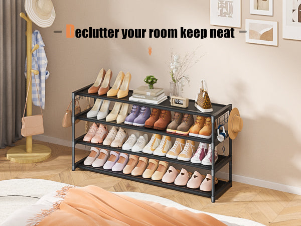 LUKYTOWER Long Shoe Rack 4 Tier Shoe Storage Organizer with 2 Hooks, Wide Shoe Organizer Racks for Closet Entryway,Shoe Shelf Stand Sturdy Durable Shoes Holder Save Space Up to 26Pairs