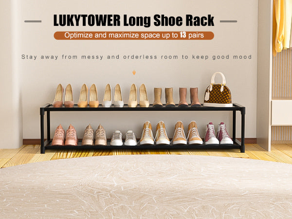 LUKYTOWER Long Shoe Rack Organizer 2 Tier Shoes Rack Storage Organizer for Closet Entryway Short Wide Sturdy Shoe Storage Racks Holder Low Shoe Shelf Free Standing Shoe Racks Garage12-13Pairs