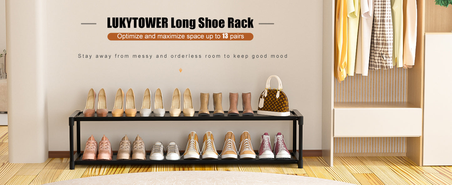 LUKYTOWER Long Shoe Rack Organizer 2 Tier Shoes Rack Storage Organizer for Closet Entryway Short Wide Sturdy Shoe Storage Racks Holder Low Shoe Shelf Free Standing Shoe Racks Garage12-13Pairs