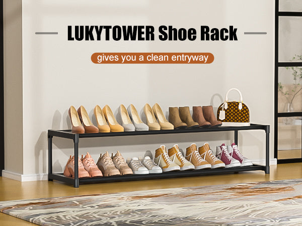 LUKYTOWER Long Shoe Rack Organizer 2 Tier Shoes Rack Storage Organizer for Closet Entryway Short Wide Sturdy Shoe Storage Racks Holder Low Shoe Shelf Free Standing Shoe Racks Garage12-13Pairs