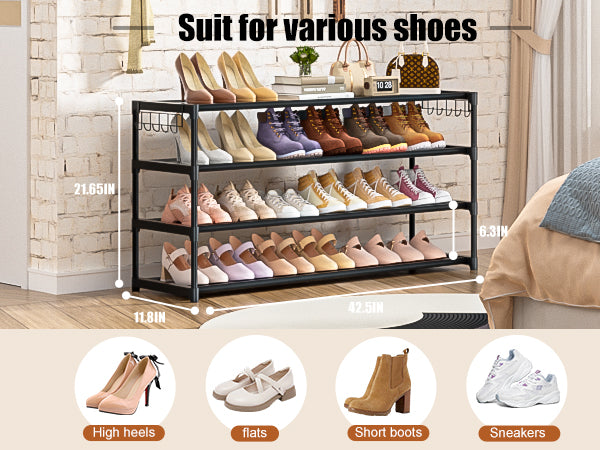 LUKYTOWER Long Shoe Rack 4 Tier Shoe Storage Organizer with 2 Hooks, Wide Shoe Organizer Racks for Closet Entryway,Shoe Shelf Stand Sturdy Durable Shoes Holder Save Space Up to 26Pairs