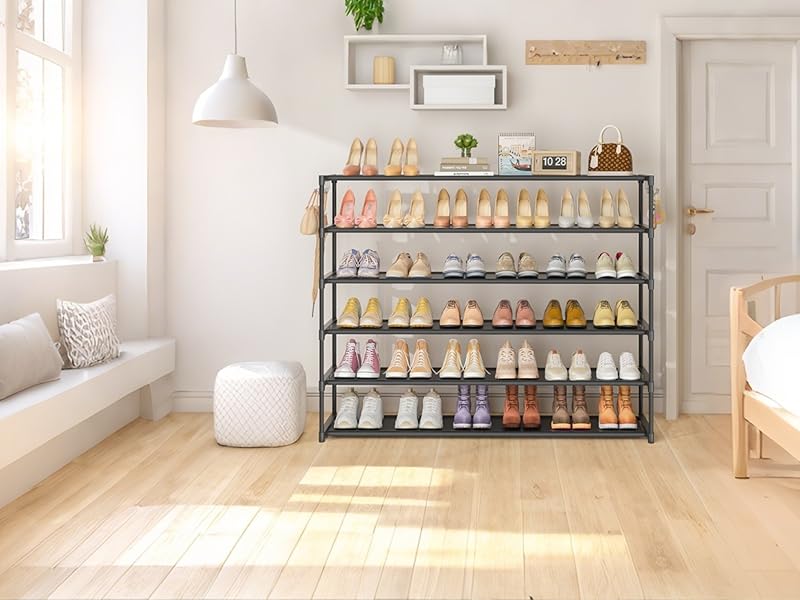 LUKYTOWER Extra Long Shoe Rack 6 Tier 39Pairs, Shoe Storage Organizer with 2 Hooks, Wide Stackable Shoe Organizer Racks for Closet Entryway,Shoe Shelf Stand Sturdy Durable Shoes Holder, Black