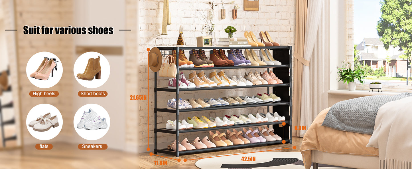 LUKYTOWER Long Shoe Rack 6 Tier Shoes Rack Organizer with Hook and Pocket, Stackable Shoe Storage Rack for Closet, Shoe Organizer Entryway Shoe Holder Shoe Shelf Stand Large Up to 42Pairs