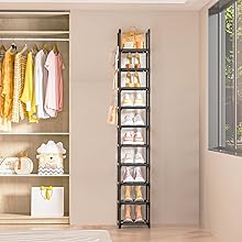 LUKYTOWER Tall Shoe Rack Narrow 10Tier Shoe Racks Organizer for Closet 10-15Pairs, Storage Rack for Shoes with 5Hooks, Sturdy Metal Shoe Shelf, Vertical Skinny Shoe Stand for Small Space