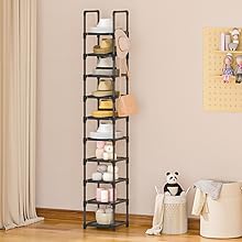 LUKYTOWER Tall Shoe Rack Narrow 10Tier Shoe Racks Organizer for Closet 10-15Pairs, Storage Rack for Shoes with 5Hooks, Sturdy Metal Shoe Shelf, Vertical Skinny Shoe Stand for Small Space