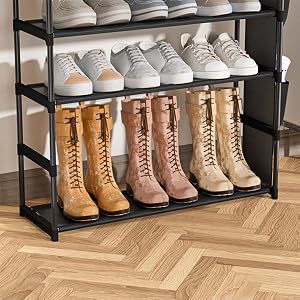 LUKYTOWER Tall Shoe Rack - 10 Tier Shoe Organizer with 5 Hooks, Pocket & Sturdy Stand for Closet Shoes
