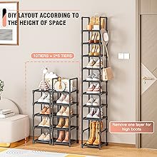 LUKYTOWER Tall Shoe Rack Narrow 10Tier Shoe Racks Organizer for Closet 10-15Pairs, Storage Rack for Shoes with 5Hooks, Sturdy Metal Shoe Shelf, Vertical Skinny Shoe Stand for Small Space