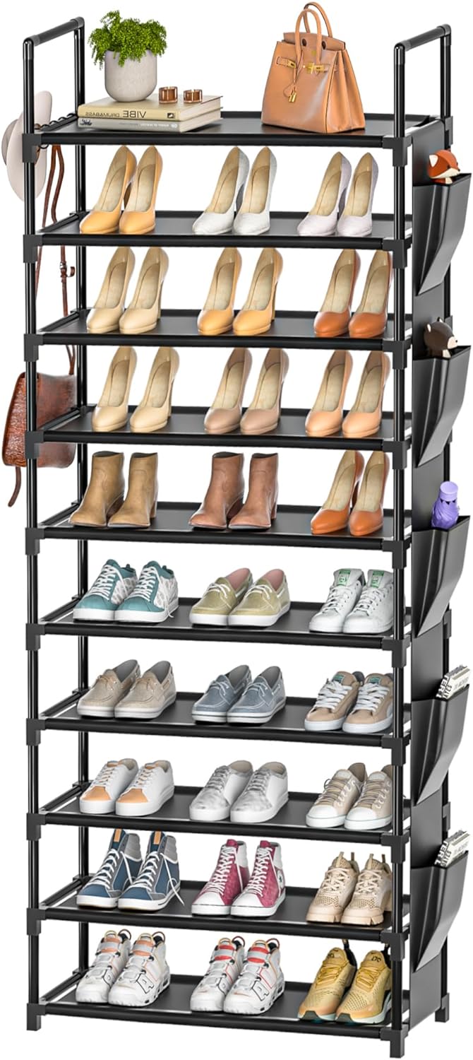 Tall Shoe Rack 10 Tier Shoe Organizer Racks for Closet Shoes Rack, Storage Metal Shoe Shelf with 5Hooks and Pocket,Sturdy Shoe Stand Tower Rack for Shoes