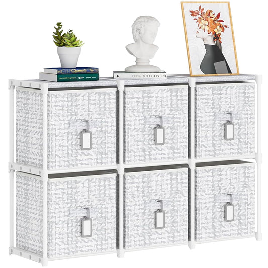 Cube Storage Organizer Shelf with 6 Printed Bins + Labels, Cubby Storage Organizer with Bins, Large Capacity Shelves for Storage,Closet, Living Room, Dorm, Yarn