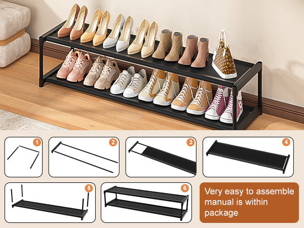 LUKYTOWER Long Shoe Rack Organizer 2 Tier Shoes Rack Storage Organizer for Closet Entryway Short Wide Sturdy Shoe Storage Racks Holder Low Shoe Shelf Free Standing Shoe Racks Garage12-13Pairs