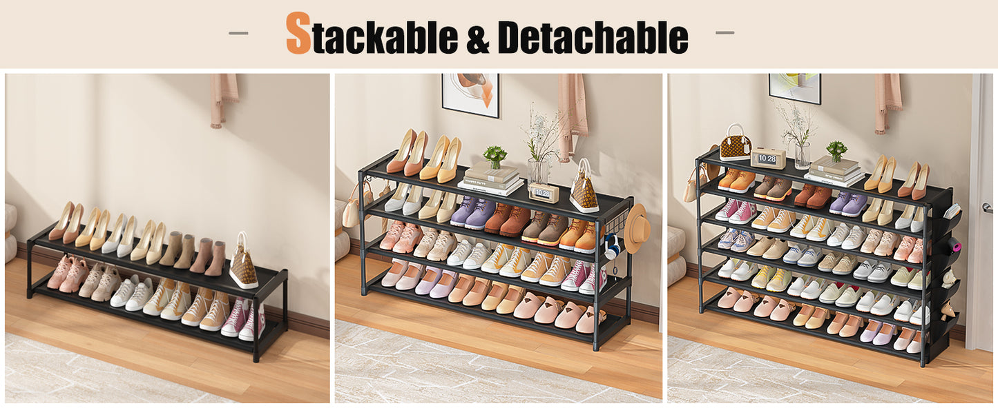 LUKYTOWER Long Shoe Rack 6 Tier Shoes Rack Organizer with Hook and Pocket, Stackable Shoe Storage Rack for Closet, Shoe Organizer Entryway Shoe Holder Shoe Shelf Stand Large Up to 42Pairs