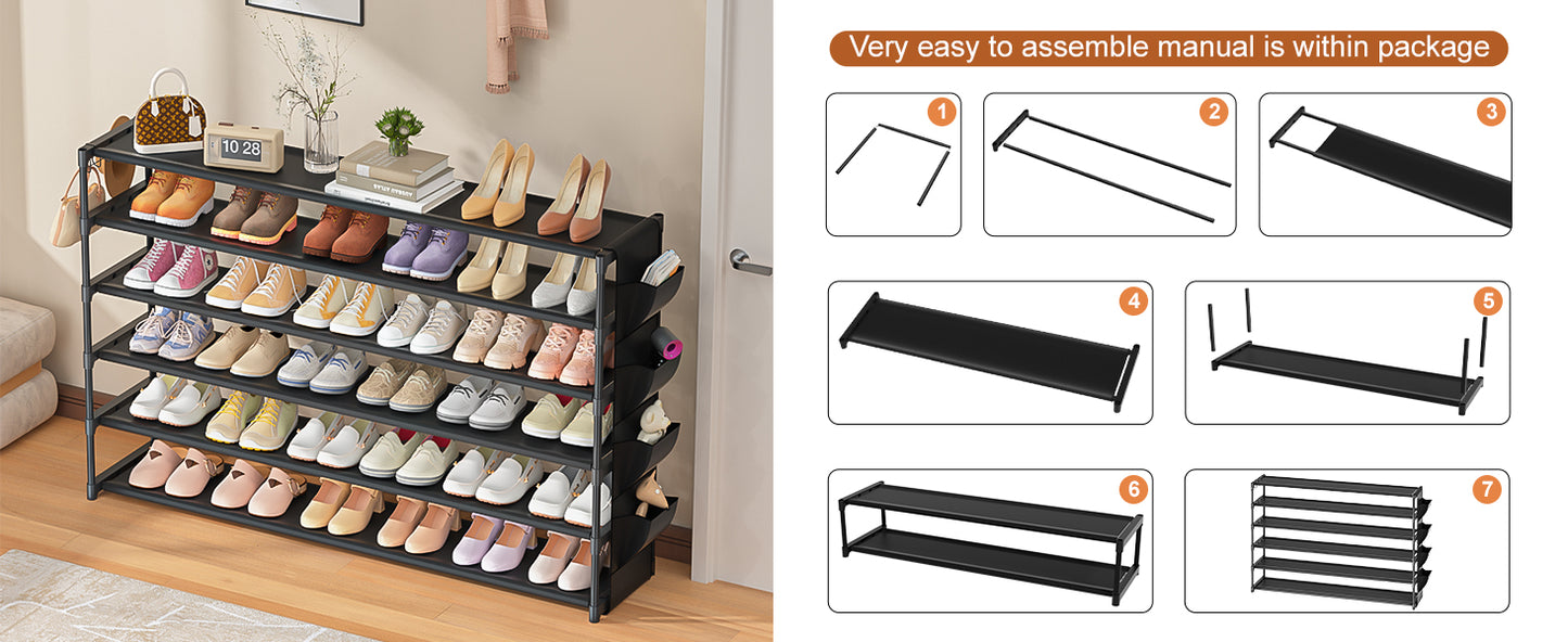 LUKYTOWER Long Shoe Rack 6 Tier Shoes Rack Organizer with Hook and Pocket, Stackable Shoe Storage Rack for Closet, Shoe Organizer Entryway Shoe Holder Shoe Shelf Stand Large Up to 42Pairs