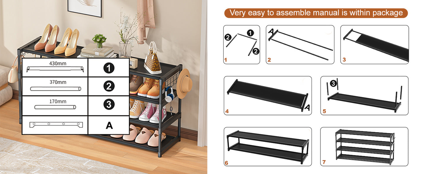 LUKYTOWER Long Shoe Rack 4 Tier Shoe Storage Organizer with 2 Hooks, Wide Shoe Organizer Racks for Closet Entryway,Shoe Shelf Stand Sturdy Durable Shoes Holder Save Space Up to 26Pairs