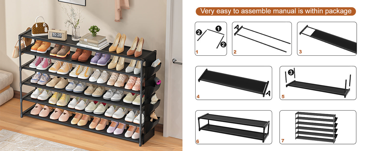 LUKYTOWER Long Shoe Rack 6 Tier Shoes Rack Organizer with Hook and Pocket, Stackable Shoe Storage Rack for Closet, Shoe Organizer Entryway Shoe Holder Shoe Shelf Stand Large Up to 42Pairs