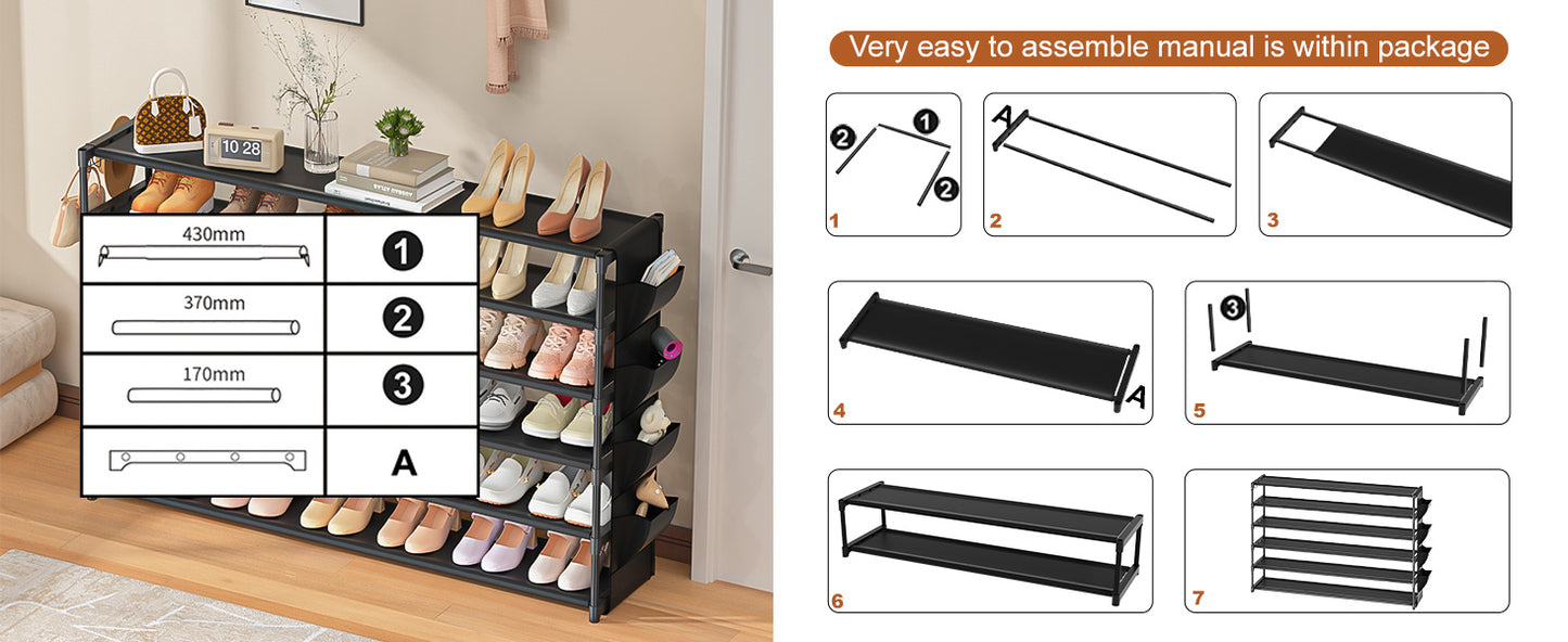 LUKYTOWER Long Shoe Rack 6 Tier Shoes Rack Organizer with Hook and Pocket, Stackable Shoe Storage Rack for Closet, Shoe Organizer Entryway Shoe Holder Shoe Shelf Stand Large Up to 42Pairs