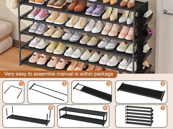 LUKYTOWER Long Shoe Rack 6 Tier Shoes Rack Organizer with Hook and Pocket, Stackable Shoe Storage Rack for Closet, Shoe Organizer Entryway Shoe Holder Shoe Shelf Stand Large Up to 42Pairs