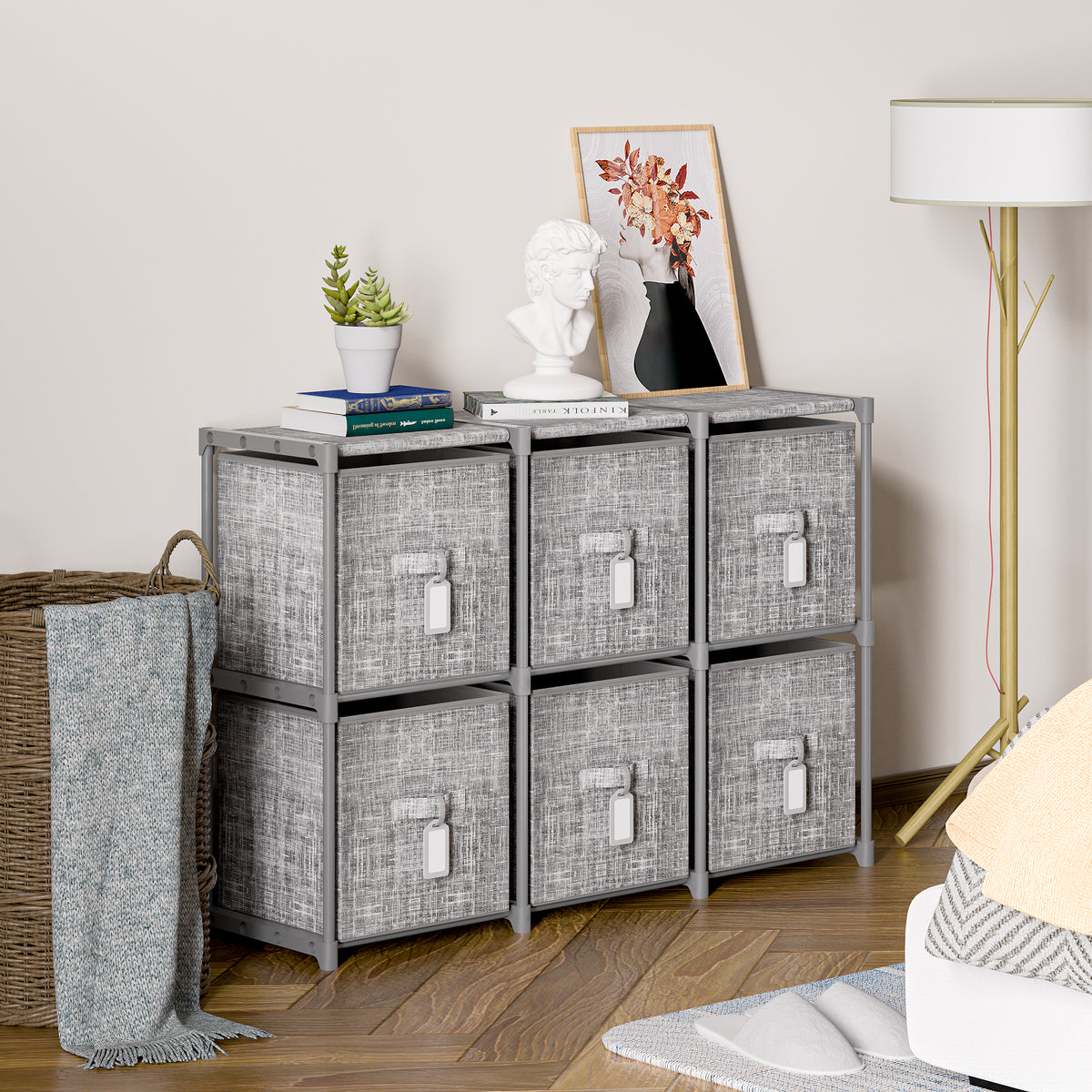 LUKYTOWER Cube Storage Organizer Shelf with 6 Printed Bins + Labels, Cubby Storage Organizer with Bins, Large Capacity Shelves for Storage,Closet, Living Room, Dorm, Yarn