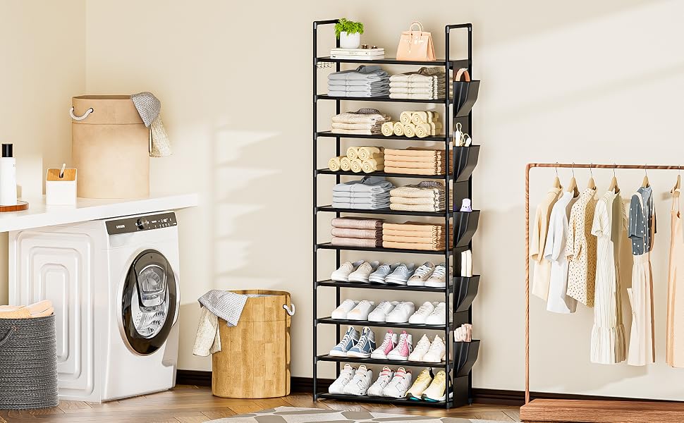LUKYTOWER Tall Shoe Rack - 10 Tier Shoe Organizer with 5 Hooks, Pocket & Sturdy Stand for Closet Shoes
