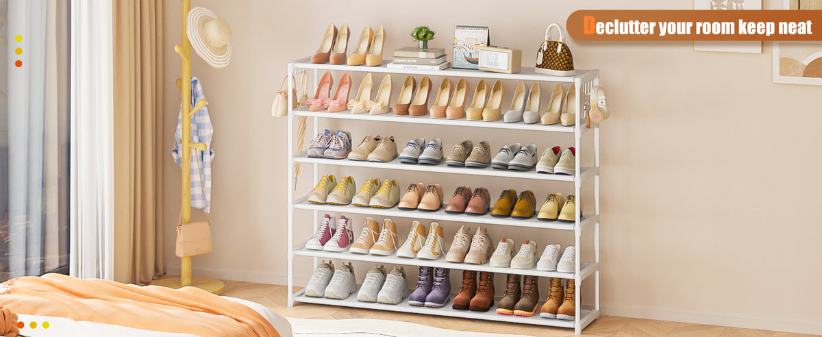 LUKYTOWER Extra Long Shoe Rack 6 Tier 39Pairs, Shoe Storage Organizer with 2 Hooks, Wide Stackable Shoe Organizer Racks for Closet Entryway,Shoe Shelf Stand Sturdy Durable Shoes Holder, White