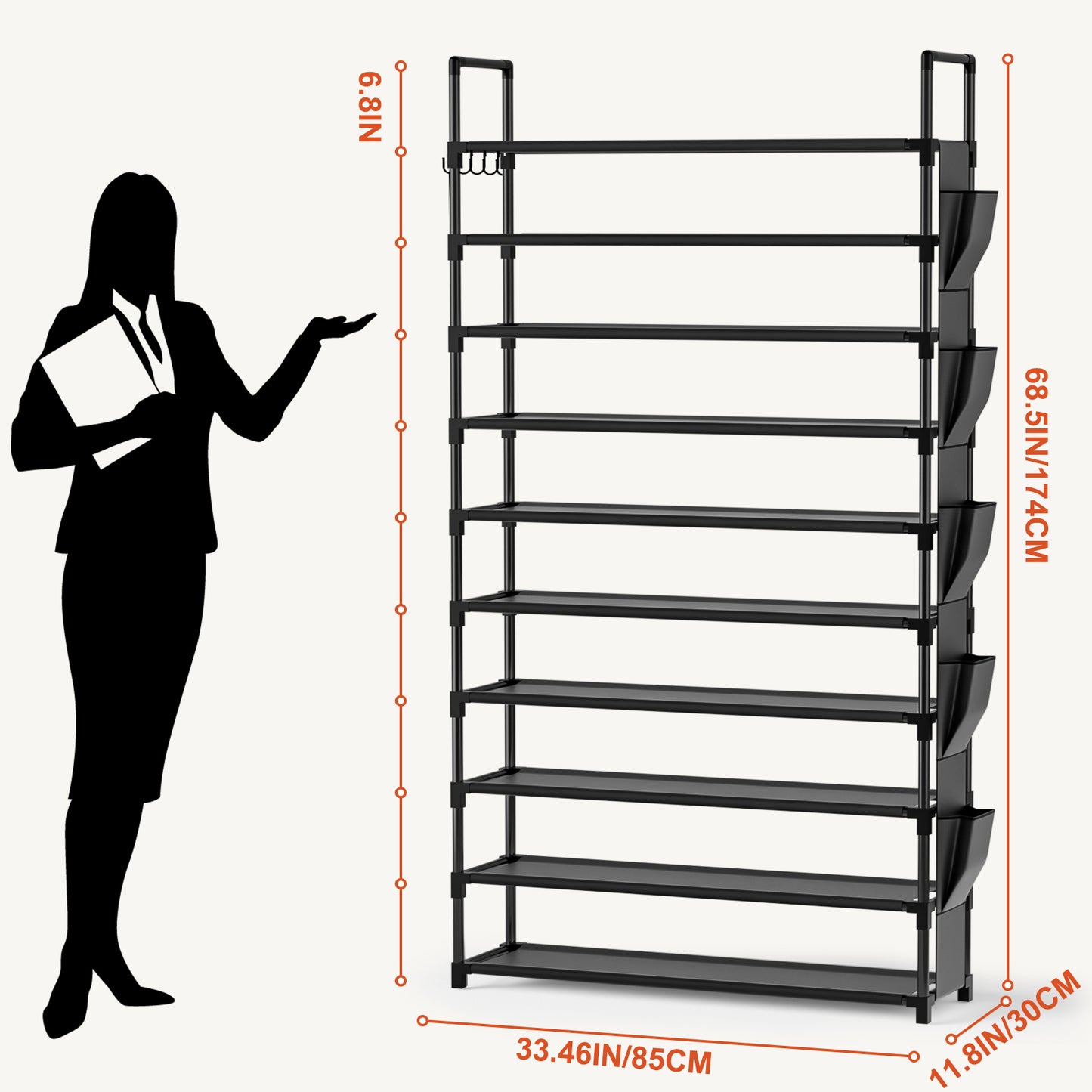 Tall Shoe Rack 10 Tier Shoe Racks Organizer for Closet 40-45Pairs,Large Capacity Storage Rack for Shoes with 5Hooks,Sturdy Metal Shoe Shelf, Vertical Shoe Stand Tower