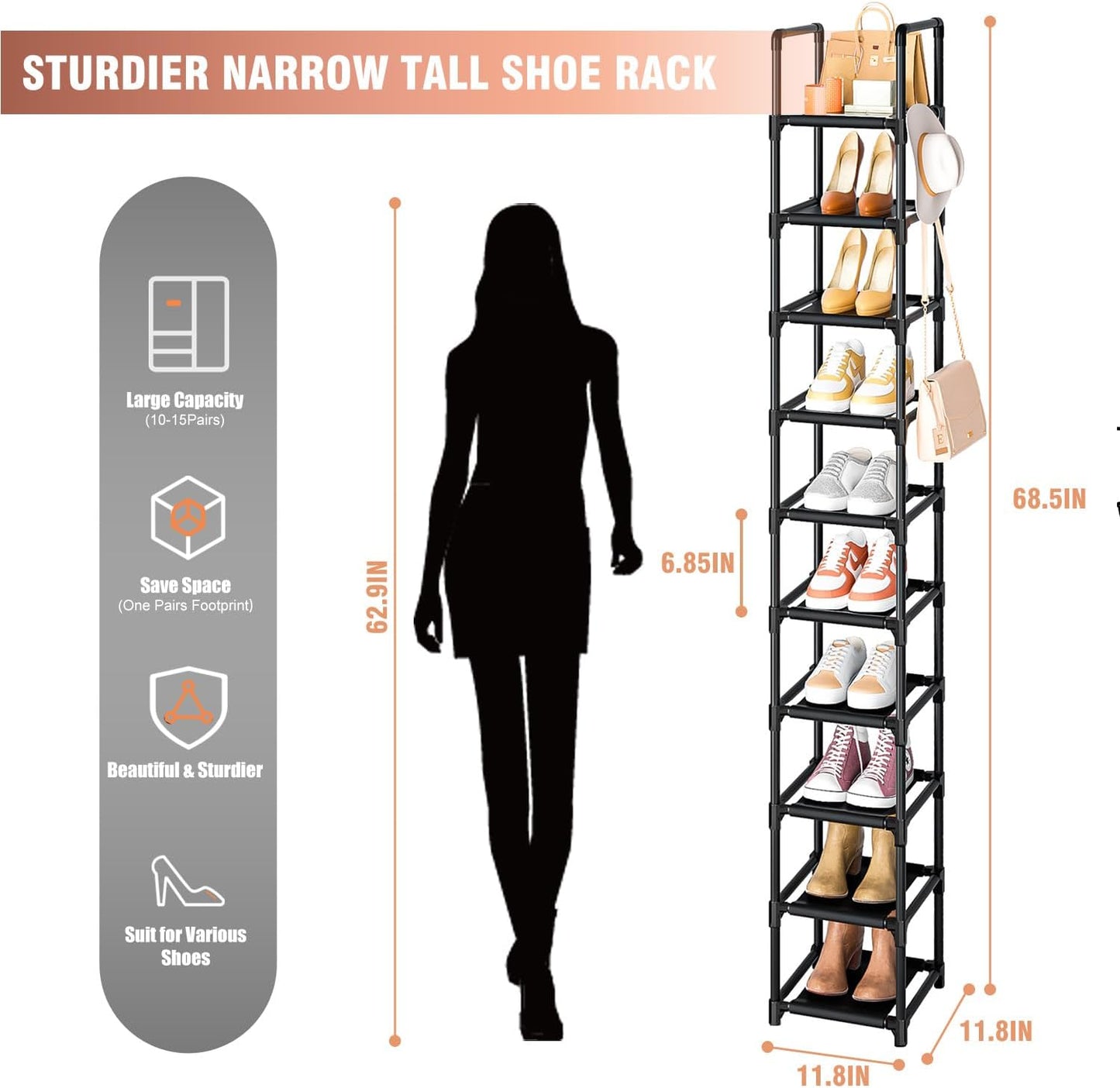 LUKYTOWER Tall Shoe Rack Narrow 10Tier Shoe Racks Organizer for Closet 10-15Pairs, Storage Rack for Shoes with 5Hooks, Sturdy Metal Shoe Shelf, Vertical Skinny Shoe Stand for Small Space