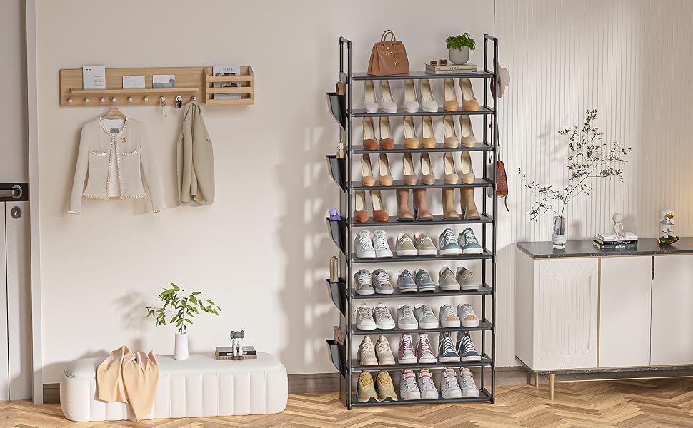 LUKYTOWER Tall Shoe Rack - 10 Tier Shoe Organizer with 5 Hooks, Pocket & Sturdy Stand for Closet Shoes