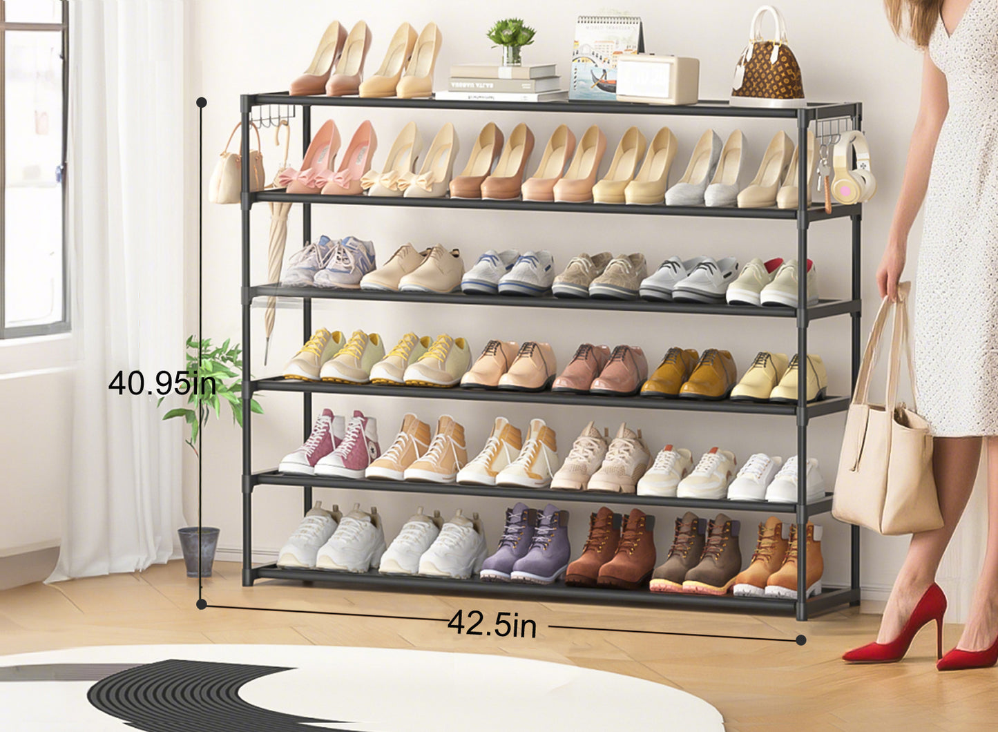 Extra Long Shoe Rack 6 Tier Shoe Storage Organizer with 2 Hooks, Wide Stackable Shoe Organizer Racks for Closet Entryway,Shoe Shelf Stand Sturdy Durable Shoes Holder Up to 39Pairs, Black