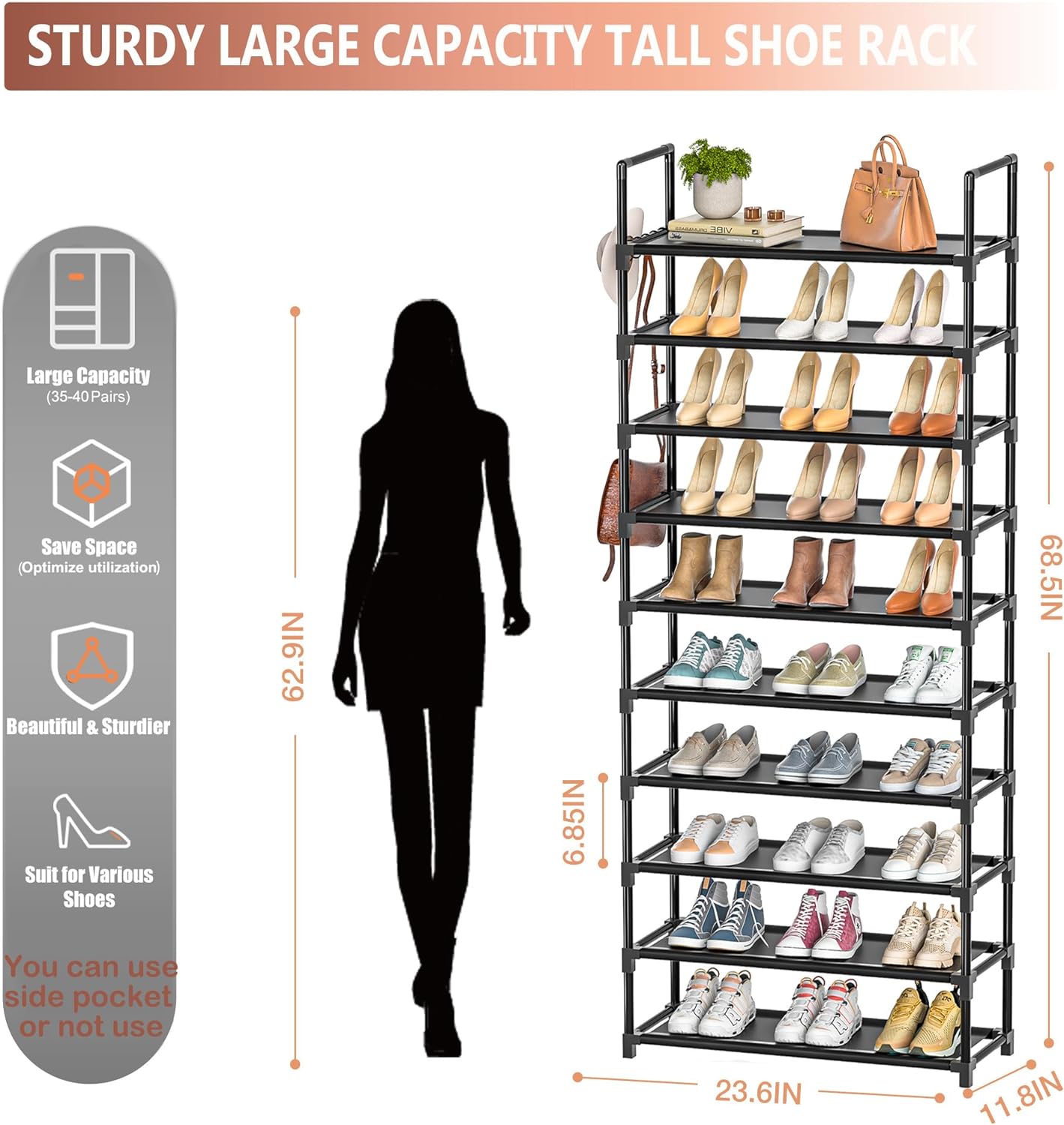 Tall Shoe Rack 10 Tier Shoe Organizer Racks for Closet Shoes Rack, Storage Metal Shoe Shelf with 5Hooks and Pocket,Sturdy Shoe Stand Tower Rack for Shoes