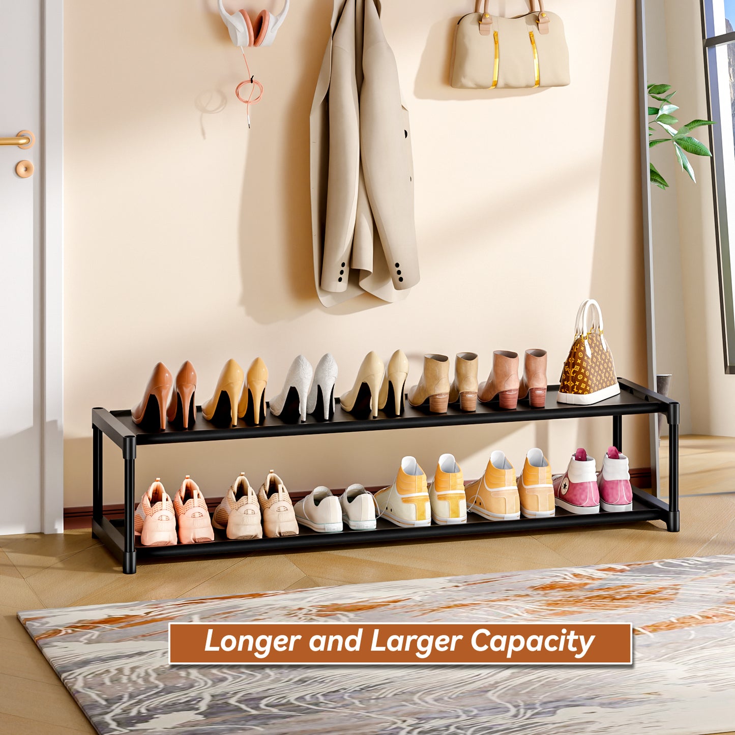 LUKYTOWER Long Shoe Rack Organizer 2 Tier Shoes Rack Storage Organizer for Closet Entryway Short Wide Sturdy Shoe Storage Racks Holder Low Shoe Shelf Free Standing Shoe Racks Garage12-13Pairs