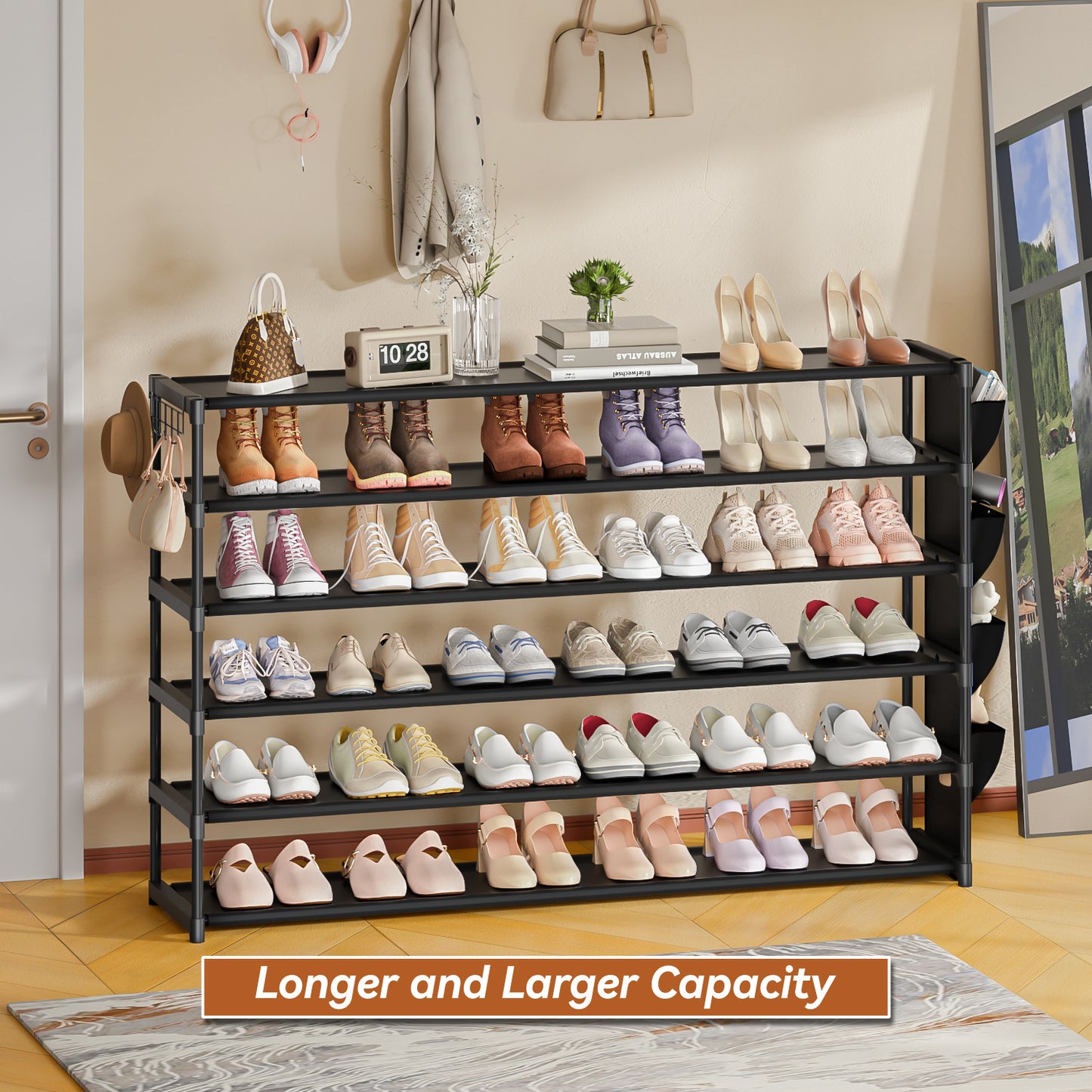 LUKYTOWER Long Shoe Rack 6 Tier Shoes Rack Organizer with Hook and Pocket, Stackable Shoe Storage Rack for Closet, Shoe Organizer Entryway Shoe Holder Shoe Shelf Stand Large Up to 42Pairs