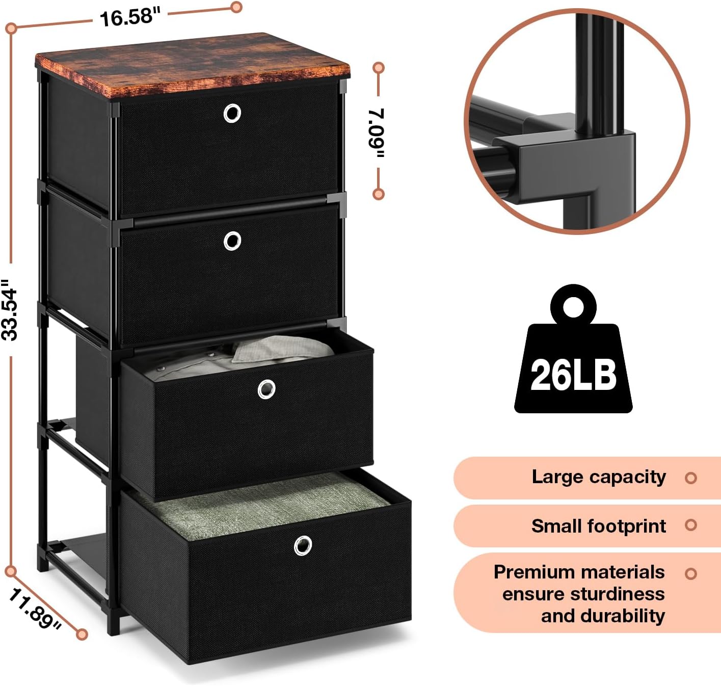 LUKYTOWER Fabric Storage Drawers Dresser and Chest of Drawers, Beautiful Small Dresser with Drawers, Sturdy 4 Drawer Dresser for Closet Dorm,Drawer Unit for Toys,Yarns