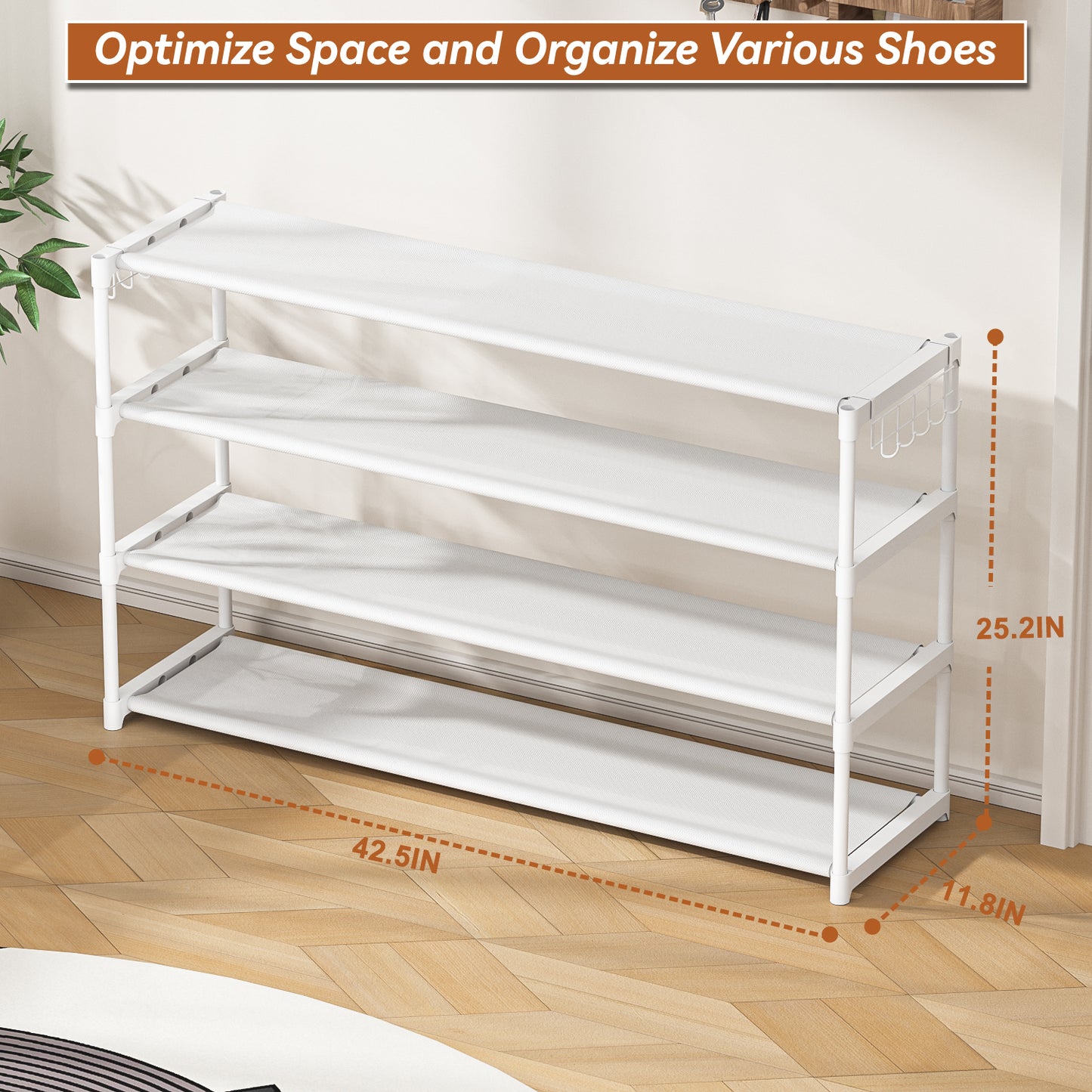 Extra Long Shoe Rack 4 Tier Shoe Storage Organizer with 2 Hooks, Wide Stackable Shoe Organizer Racks for Closet Entryway,Shoe Shelf Stand Sturdy Durable Shoes Holder Up to 26Pairs, White