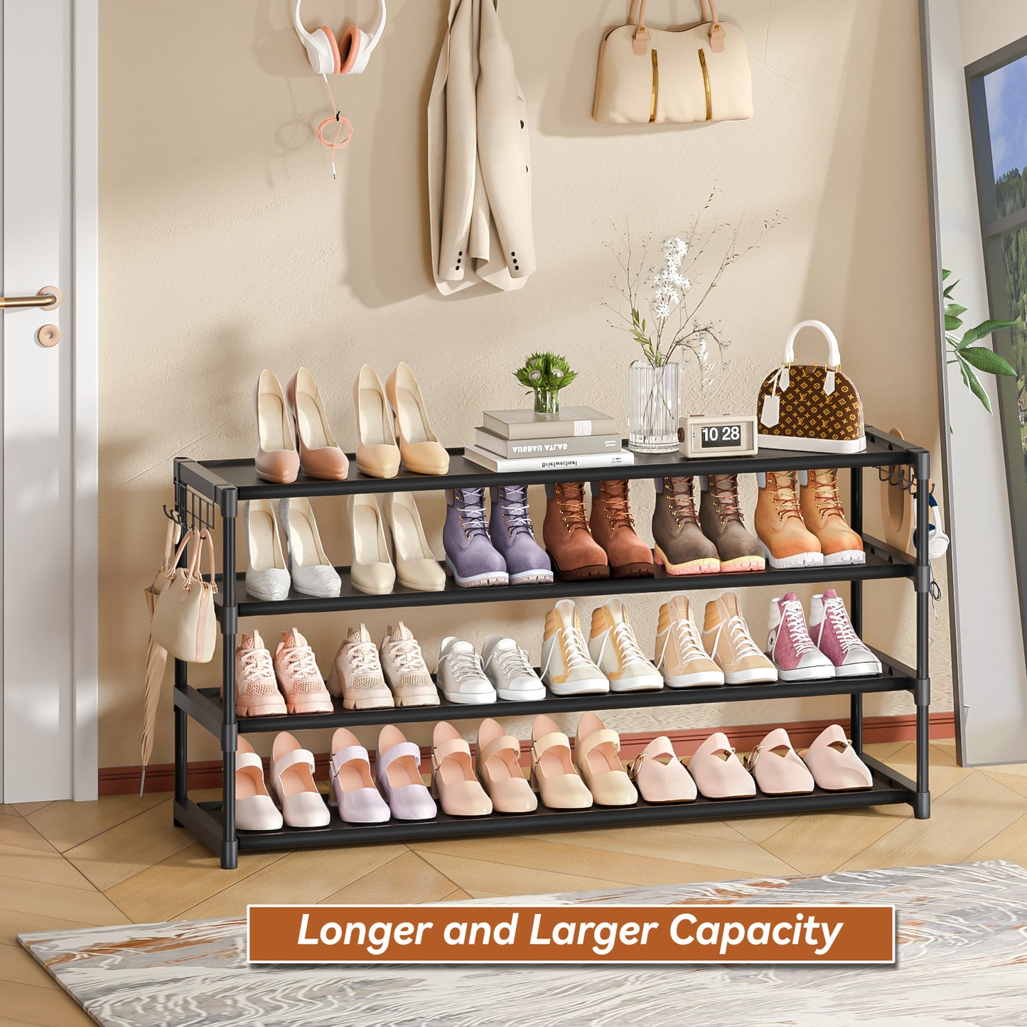 LUKYTOWER Long Shoe Rack 4 Tier Shoe Storage Organizer with 2 Hooks, Wide Shoe Organizer Racks for Closet Entryway,Shoe Shelf Stand Sturdy Durable Shoes Holder Save Space Up to 26Pairs